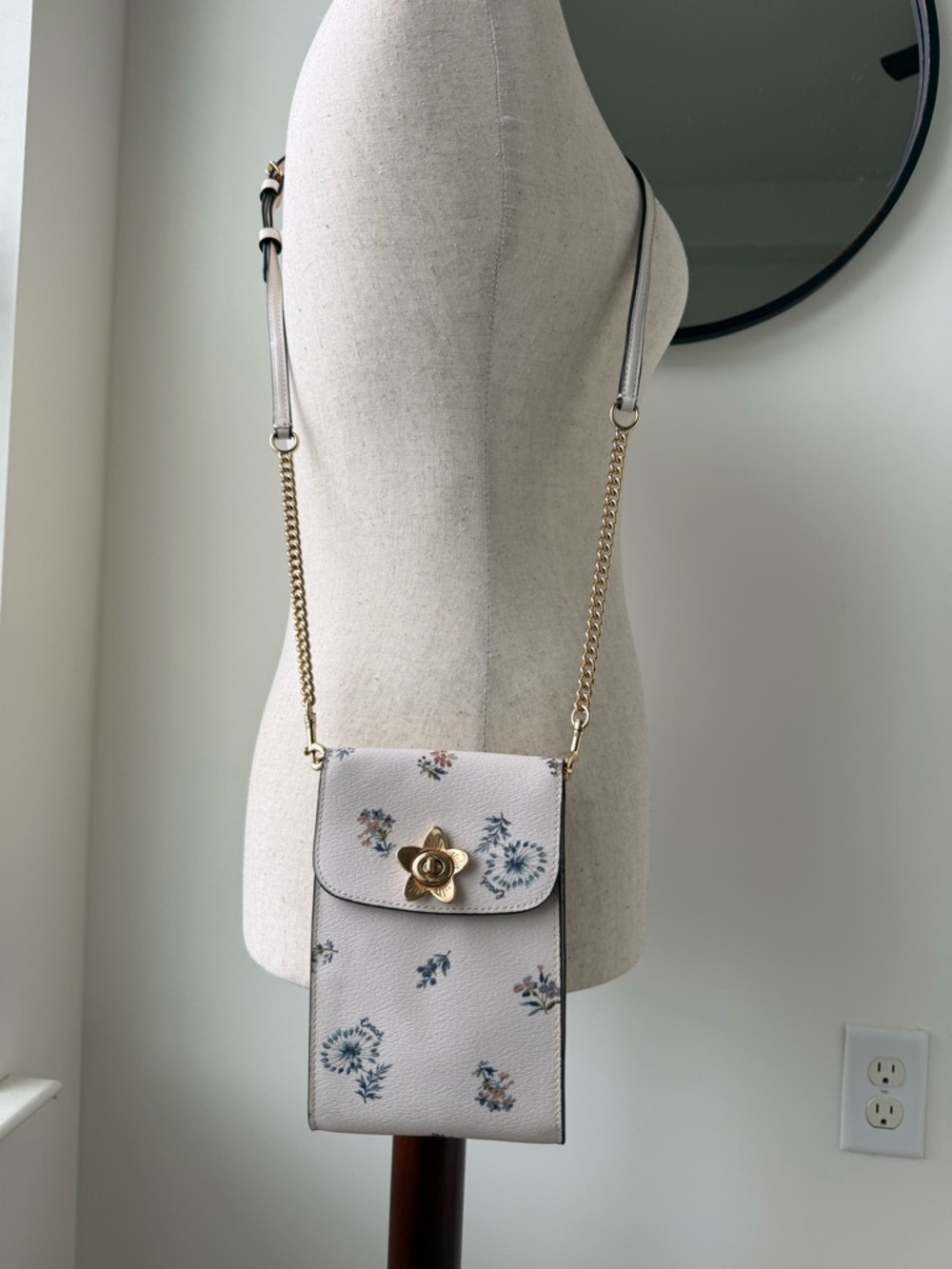 Coach Floral Crossbody Phone Bag in Light Gray with Gold Hardware